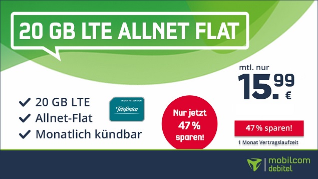 Monatlich kündbare 20 GB LTE Allnet Flat für 15,99€